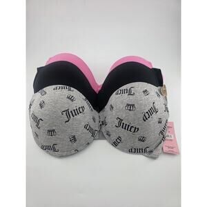 Juicy Couture Bras 3-Pack 38DD Show Me Off Underwire Grey Pink Black Crown Logo